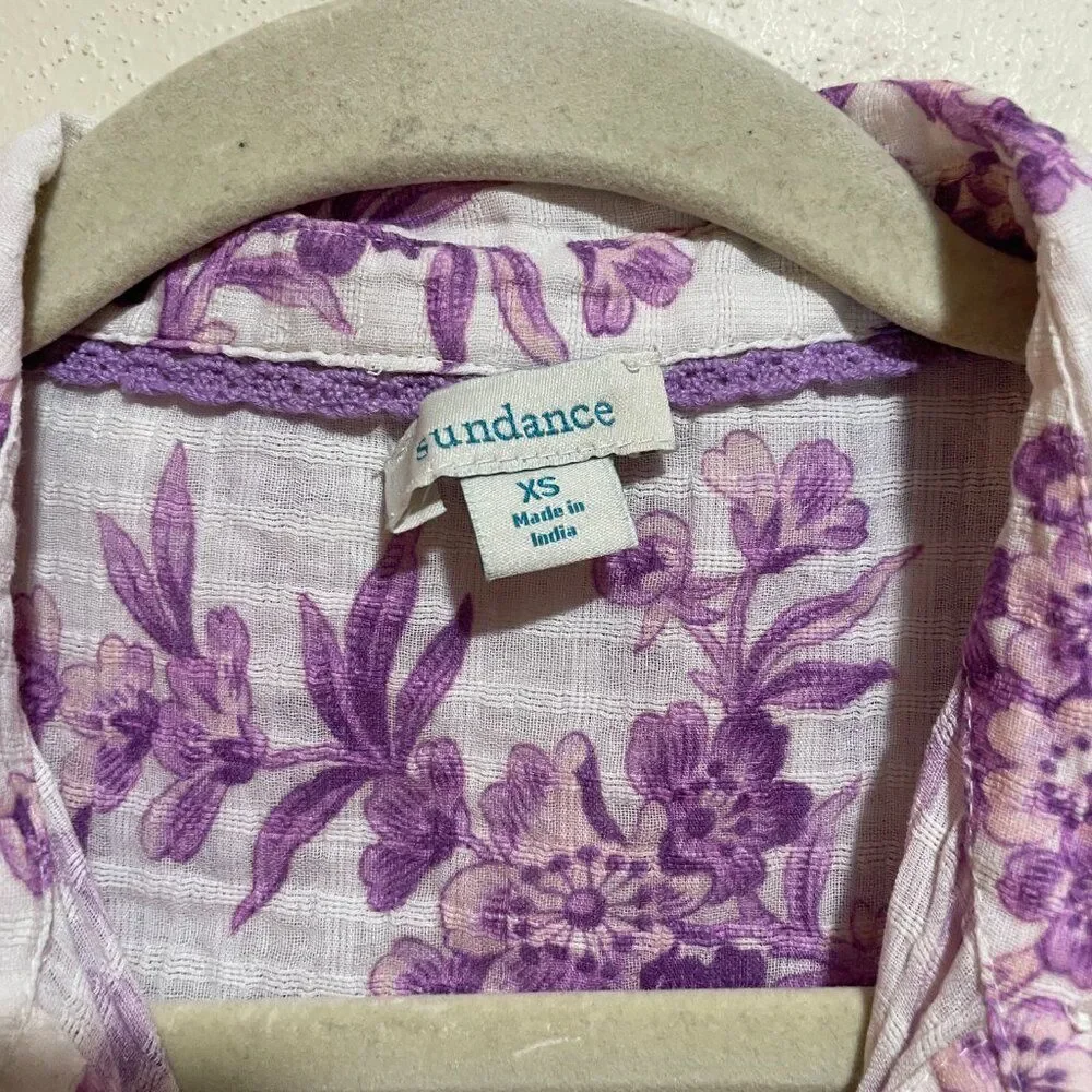 Sundance Sz XS Chantilly Blooms Button Down Top Blouse White Purple Floral Bird - Picture 5 of 12